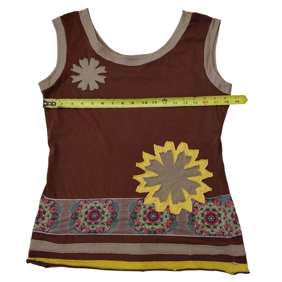 Floral Embellished Brown and Yellow Women's Tank Top - Picture 3 of 5